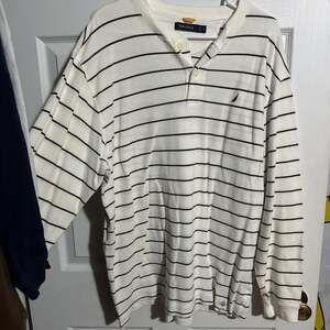*Nautica White and Black Striped Long Sleeve Henley Shirt, Men's XL Preppy